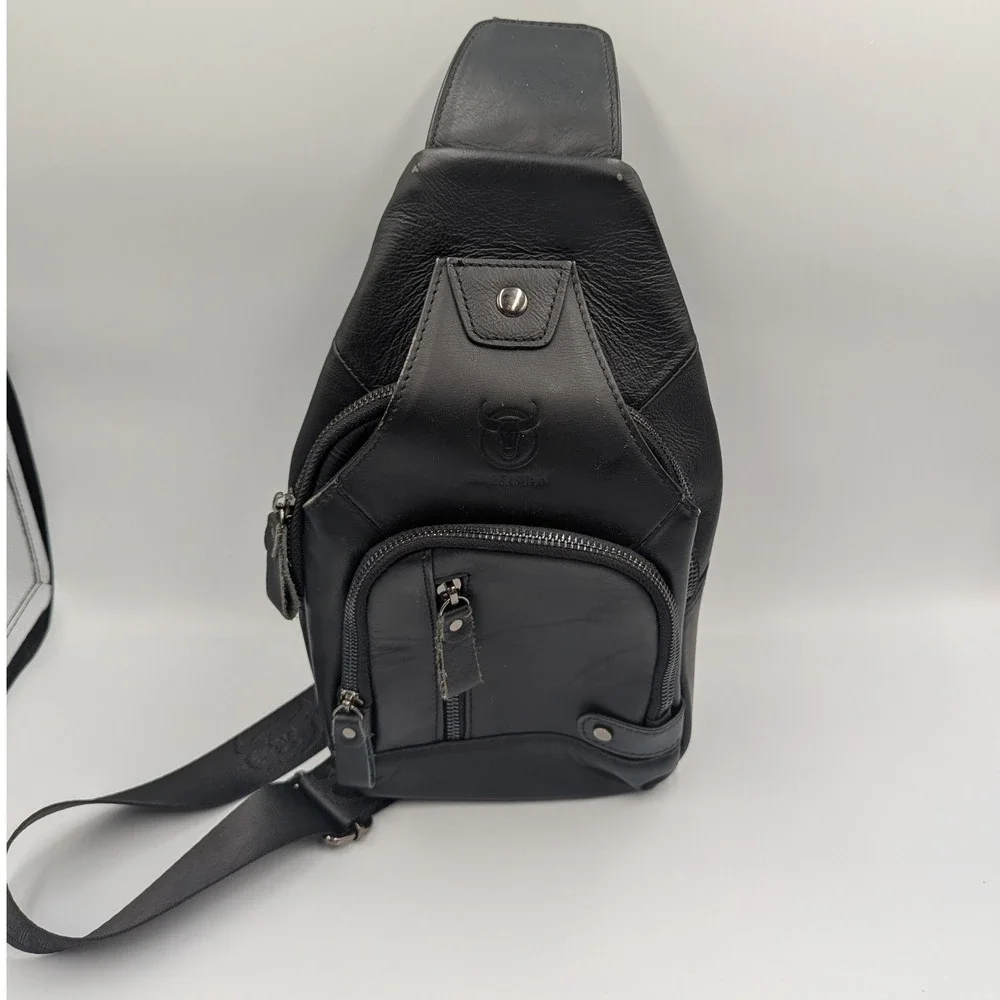 Bullcaptain Sling Bag Black Leather USB Charging Port Chest Pack Small